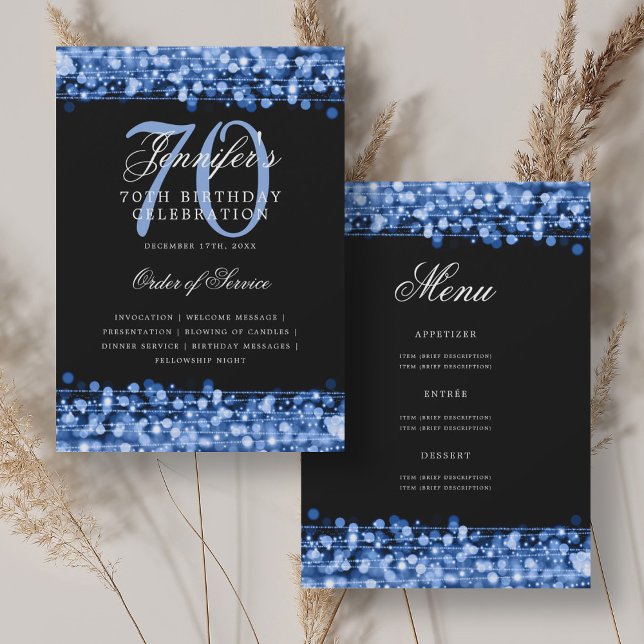 Elegant 70th Birthday Program Navy Blue w/ Menu Invitation (Elegant 70th Birthday Program Navy Blue w/ Menu)