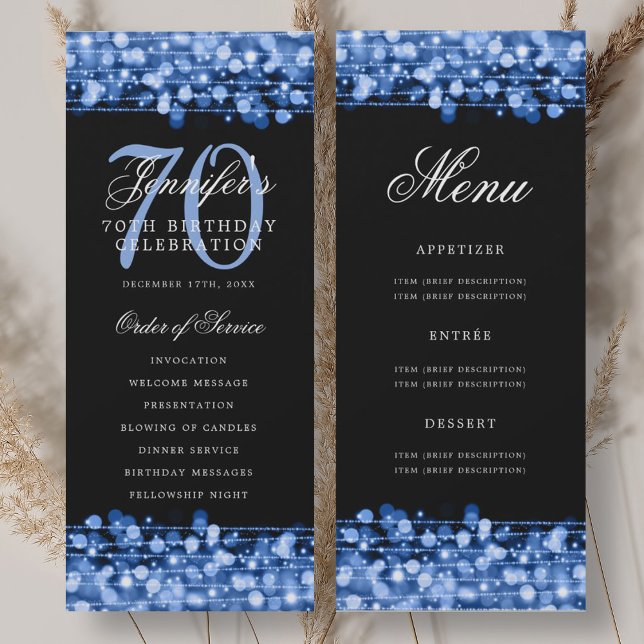 Elegant 70th Birthday Program Navy Blue w/ Menu Invitation (Elegant 70th Birthday Program Navy Blue w/ Menu)