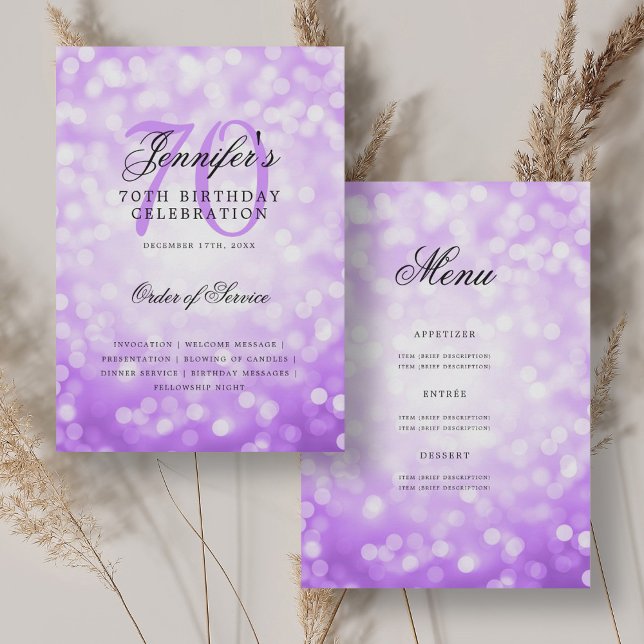 Elegant 70th Birthday Program Purple Bokeh Menu Invitation (Elegant 70th Birthday Program Purple Bokeh Menu)