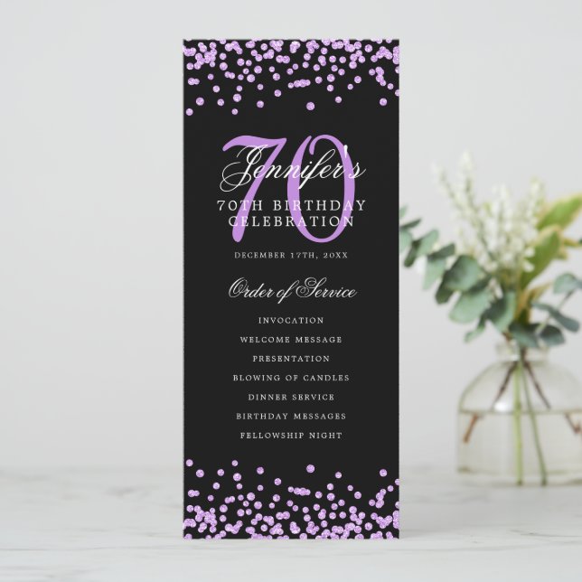 Elegant 70th Birthday Program Purple Confetti Blac Invitation (Standing Front)