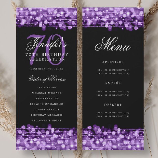 Elegant 70th Birthday Program Purple w/ Menu Invitation (Elegant 70th Birthday Program Purple w/ Menu)