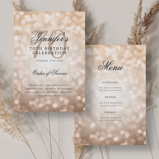 Elegant 70th Birthday Program Rose Gold Bokeh Menu Invitation (Elegant 70th Birthday Program Rose Gold Bokeh Menu)