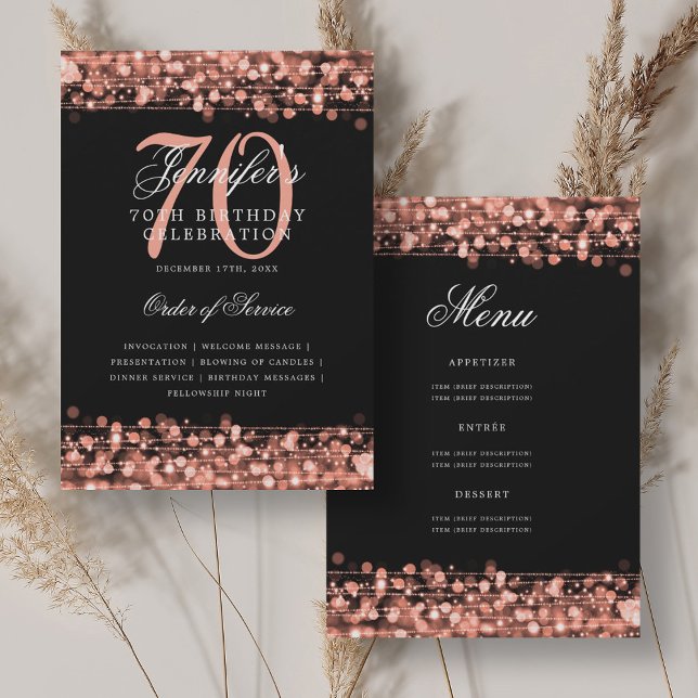 Elegant 70th Birthday Program Rose Gold w/ Menu Invitation (Elegant 70th Birthday Program Rose Gold w/ Menu)