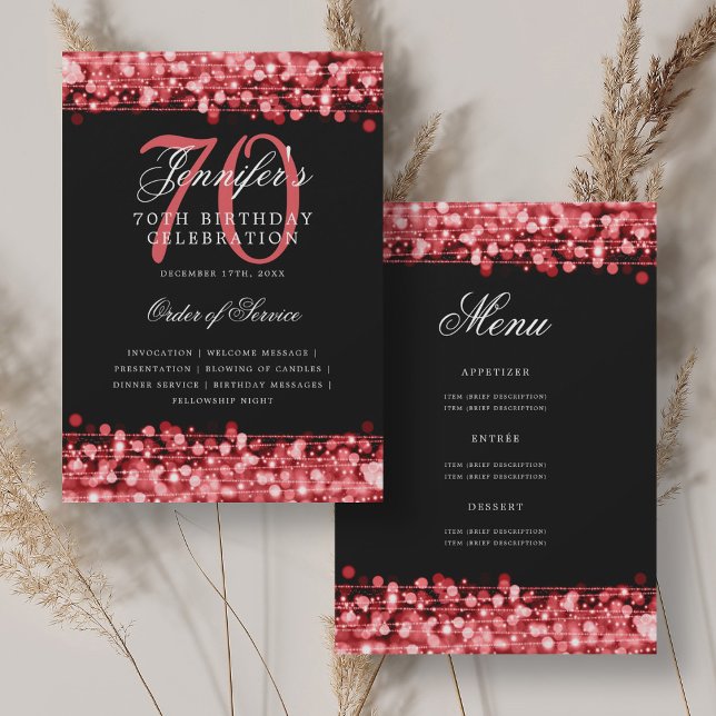 Elegant 70th Birthday Program Ruby Red w/ Menu Invitation (Elegant 70th Birthday Program Ruby Red w/ Menu)