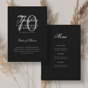 Elegant 70th Birthday Program Silver Black w/ Menu Invitation
