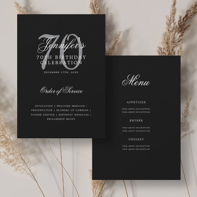 Elegant 70th Birthday Program Silver Black w/ Menu Invitation (Elegant 70th Birthday Program Silver Black w/ Menu)
