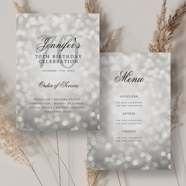 Elegant 70th Birthday Program Silver Bokeh Menu Invitation (Elegant 70th Birthday Program Silver Bokeh Menu)