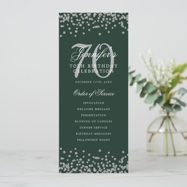 Elegant 70th Birthday Program Silver Menu Green  Invitation (Standing Front)