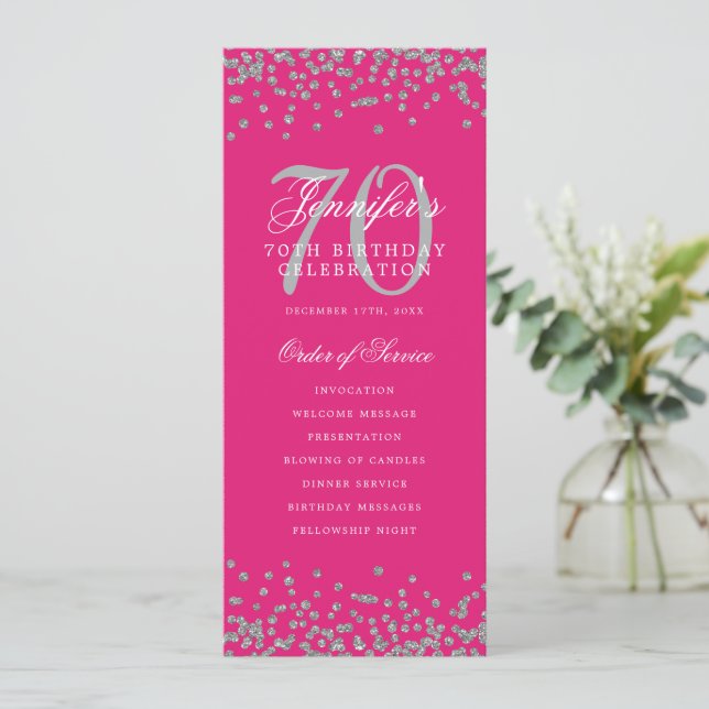 Elegant 70th Birthday Program Silver Menu Hot Pink Invitation (Standing Front)