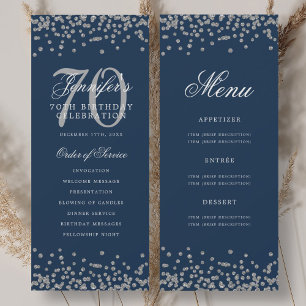 Elegant 70th Birthday Program Silver Menu Navy  Invitation