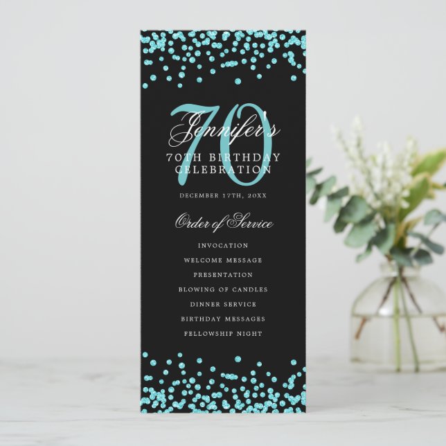 Elegant 70th Birthday Program Teal Confetti Blac Invitation (Standing Front)