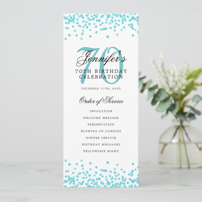 Elegant 70th Birthday Program Teal Confetti  Invitation (Standing Front)