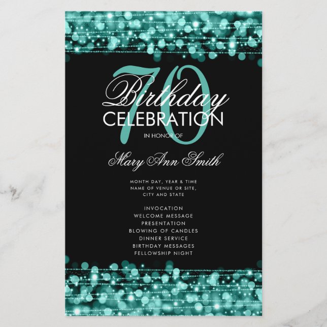 Elegant 70th Birthday Program Teal w/ Menu (Front)