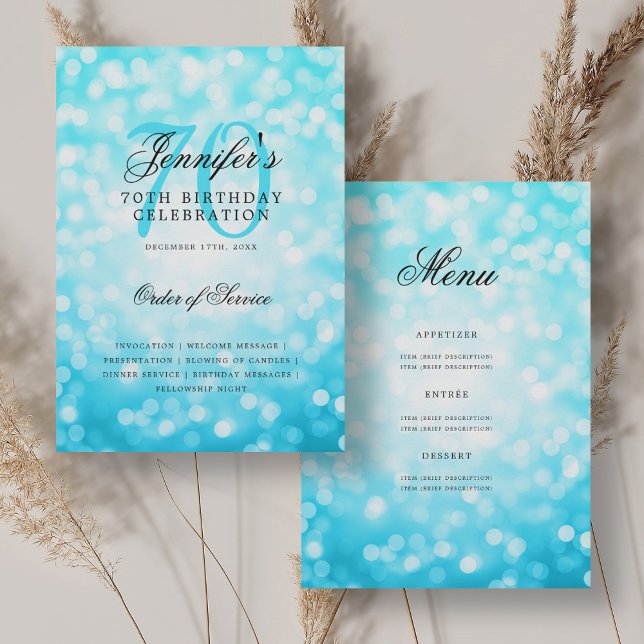 Elegant 70th Birthday Program Turquoise Bokeh Menu Invitation (Elegant 70th Birthday Program Turquoise Bokeh Menu)