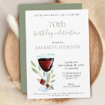 Elegant 70th Birthday Red Wine Surprise Party Invitation<br><div class="desc">Elegant 70th Birthday Red Wine Surprise Birthday Party Invitation. 70th birthday party invitation for her or him. Invitation with a red wine glass, roses and twigs on a white background. The text is fully customisable - personalise it with your name, any age - 30th 40th 50th 60th 80th 90th 100th,...</div>