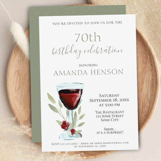 Elegant 70th Birthday Red Wine Surprise Party Invitation (Creator Uploaded)