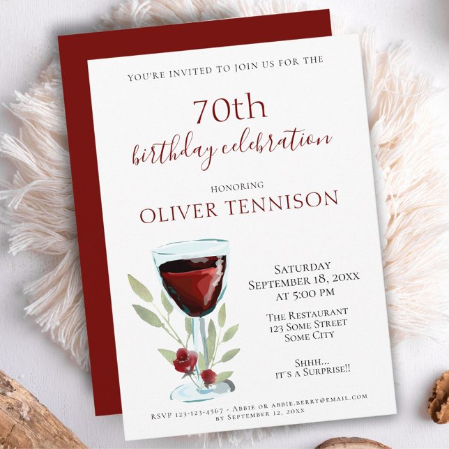 Elegant 70th Birthday Red Wine Surprise Party Invitation (Creator Uploaded)
