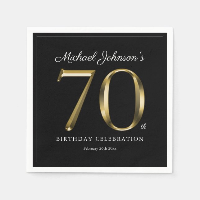 Elegant 70th Birthday Solid Gold Text Black Napkin (Front)