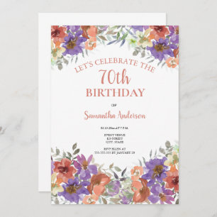 Elegant 70th Birthday Watercolor Floral Invitation