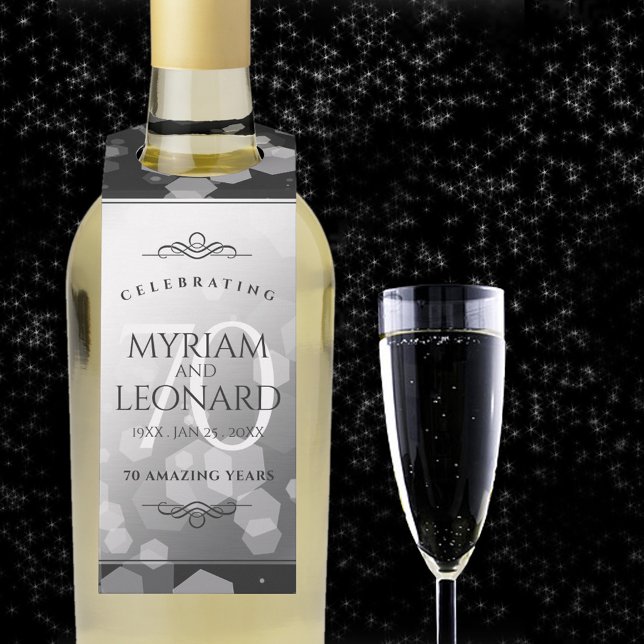 Elegant 70th Platinum Wedding Anniversary Bottle Tag (70th wedding anniversary bottle hanger with champagne flute on a starry night sky.)