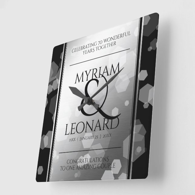 Elegant 70th Platinum Wedding Anniversary Square Wall Clock (Angle)