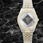 Elegant 70th Platinum Wedding Anniversary Watch<br><div class="desc">Celebrate the 70th wedding anniversary and a love that stands the test of time with this stylish watch! Elegant black and white lettering with hexagonal confetti on a platinum foil background add a memorable touch for this special occasion and extraordinary milestone. Personalise with the couple's names and dates of marriage....</div>