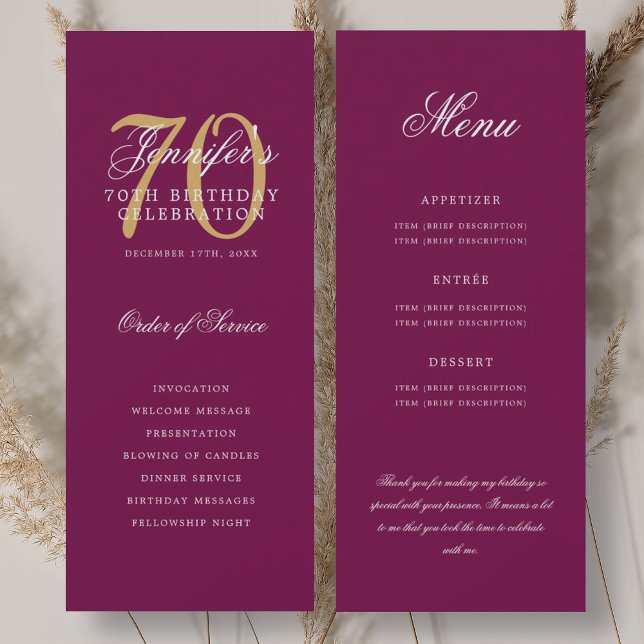 Elegant 70th Program Gold Magenta Menu+Thank You Invitation (Elegant 70th Program Gold Magenta Menu+Thank You)