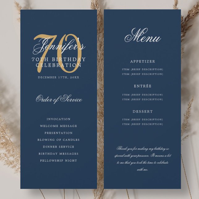 Elegant 70th Program Gold Navy Blue Menu+Thank You Invitation (Elegant 70th Program Gold Navy Blue Menu+Thank You)