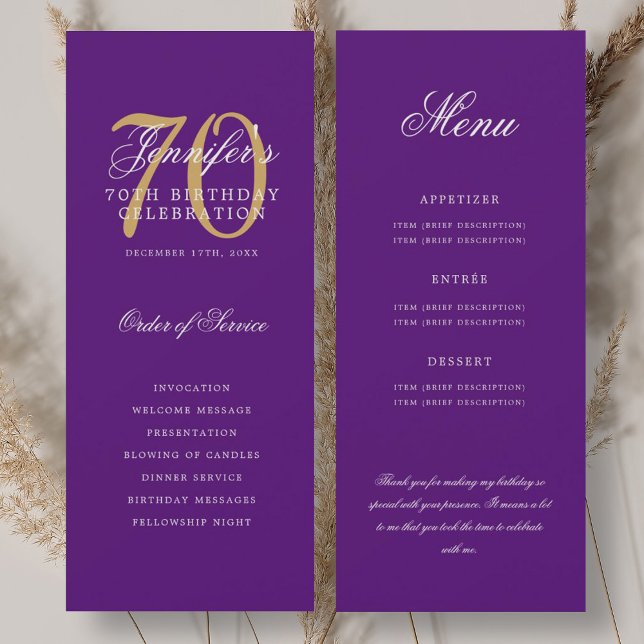 Elegant 70th Program Gold Purple Menu+Thank You Invitation (Elegant 70th Program Gold Purple Menu+Thank You)
