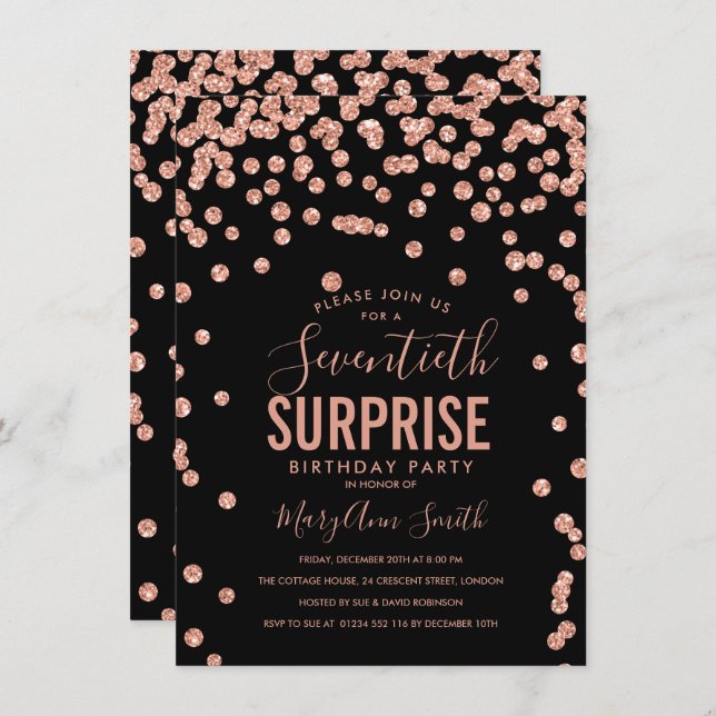 Elegant 70th Surprise Birthday Rose Gold Black Invitation (Front/Back)