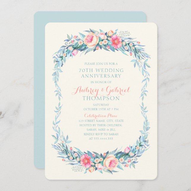 Elegant 70th Wedding Anniversary Floral Spring Invitation (Front/Back)
