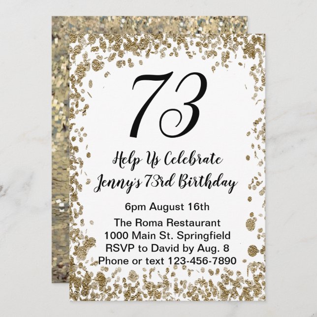 Elegant 73rd Birthday Invitation in black and gold (Front/Back)