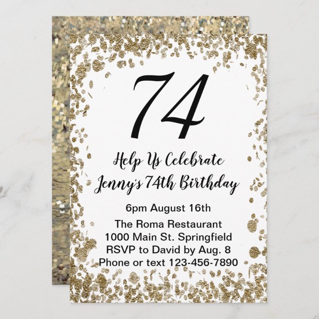 Elegant 74th Birthday Invitation in black and gold (Front/Back)