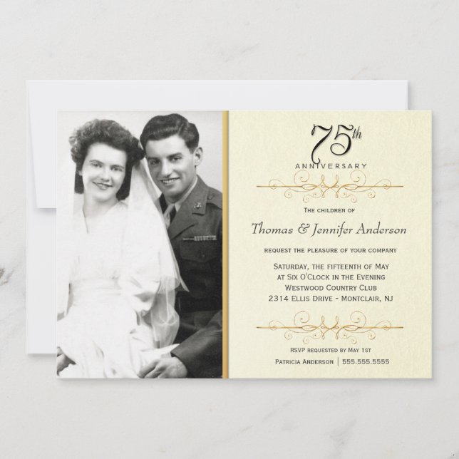 Elegant 75th Anniversary Invitations with Photo (Front)