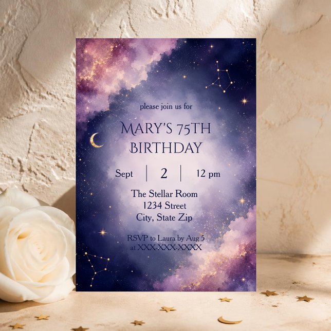 Elegant 75th Birthday Invitation | Celestial Night (Celebrate 75 years with a luxurious celestial invitation featuring elegant galaxy-inspired artwork.)