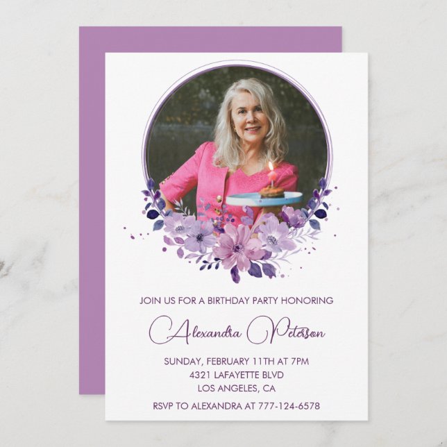 Elegant 75th birthday invitation Photo Floral Boho (Front/Back)
