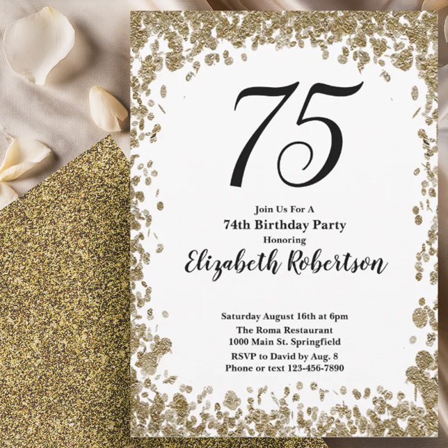 Elegant 75th Birthday Invitation With Gold Sequins (Creator Uploaded)