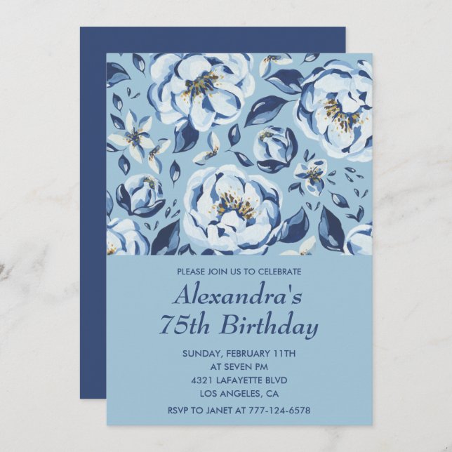 Elegant 75th birthday invitations Floral Blue (Front/Back)