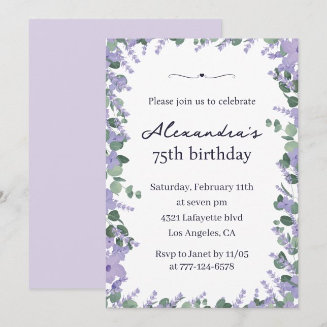 Elegant 75th birthday invitations Floral Frame (Front/Back)