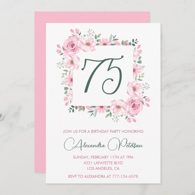 Elegant 75th birthday invitations Floral  Pink (Front/Back)