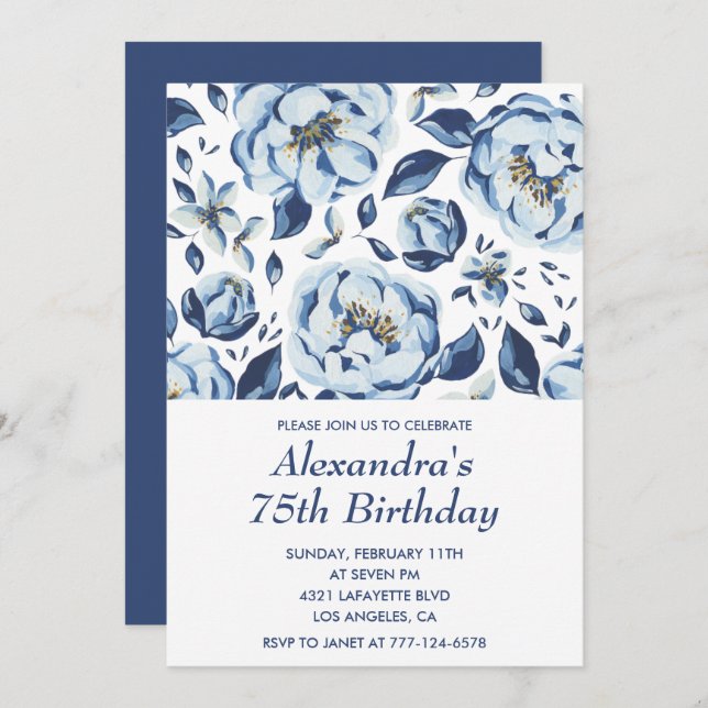 Elegant 75th birthday invitations Floral Vintage (Front/Back)