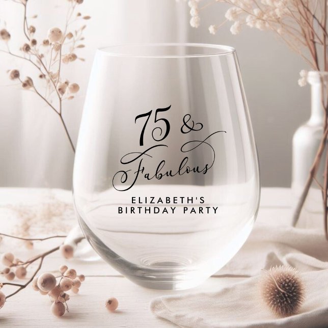 Elegant 75th Birthday Party Stemless Wine Glass (Creator Uploaded)
