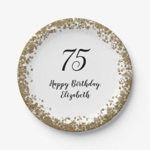 Elegant 75th Birthday Plates With Gold Sequins