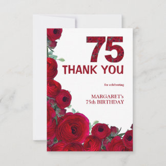 Elegant 75th Birthday Red Floral Number 75 Years Thank You Card