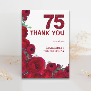 Elegant 75th Birthday Red Floral Number 75 Years Thank You Card