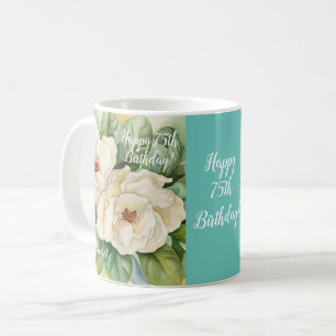 Elegant 75th Birthday Teal Floral Magnolia Name Coffee Mug
