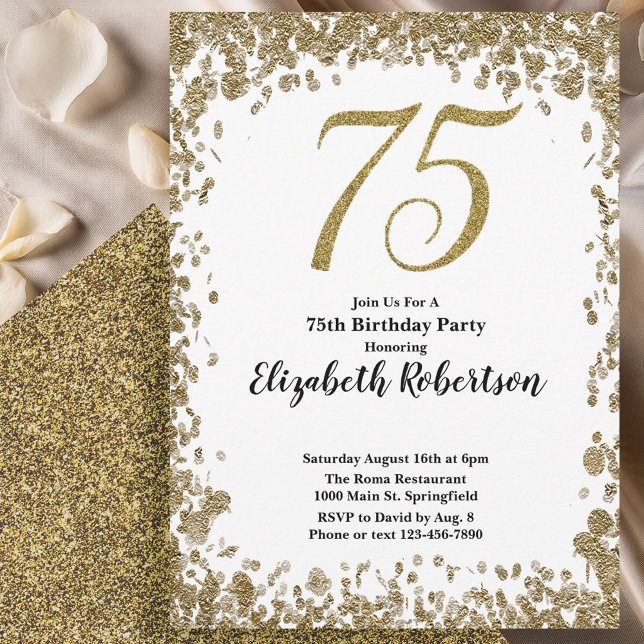 Elegant 75th Birthday White and Gold Sequin Invitation (Creator Uploaded)