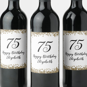 Elegant 75th Birthday White Black and Gold Wine Label