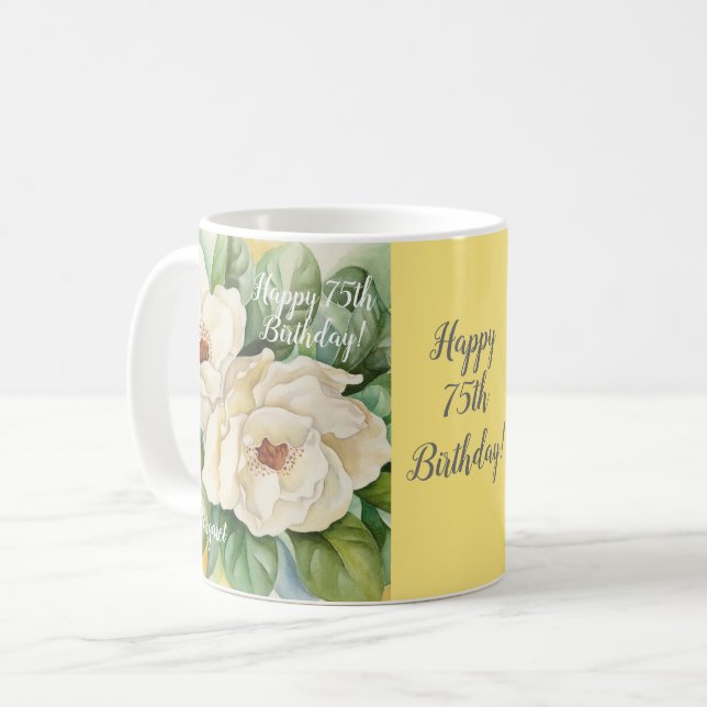 Elegant 75th Birthday Yellow Floral Magnolia Name Coffee Mug (Front Left)