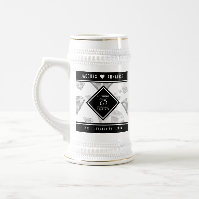 Elegant 75th Diamond Wedding Anniversary Beer Stein (Left)
